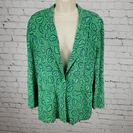 VTG Liz Claiborne Green 100% Silk Leaf Print Unlined Lightweight Jacket Size MP