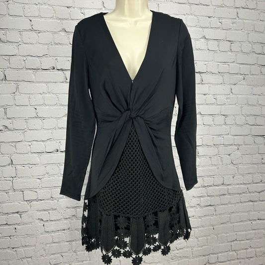 Self Portrait Black Long Sleeve V Neck Twist Front Mini Crochet Dress Size 4