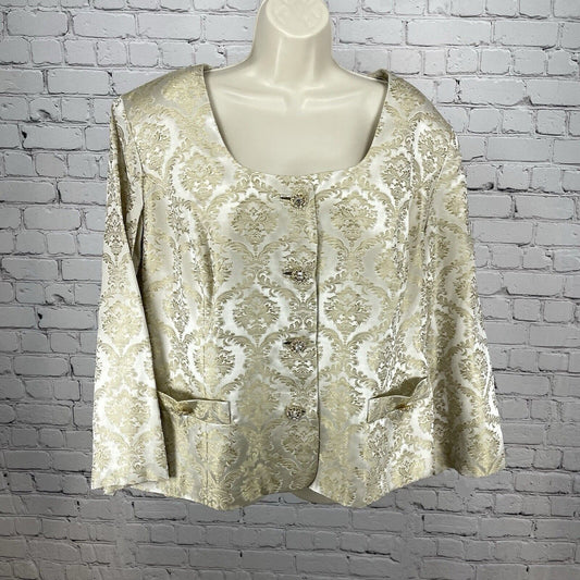 VTG Blacktie Oleg Cassini Ivory Gold Damask Blazer Jacket USA Made Plus Size 20W