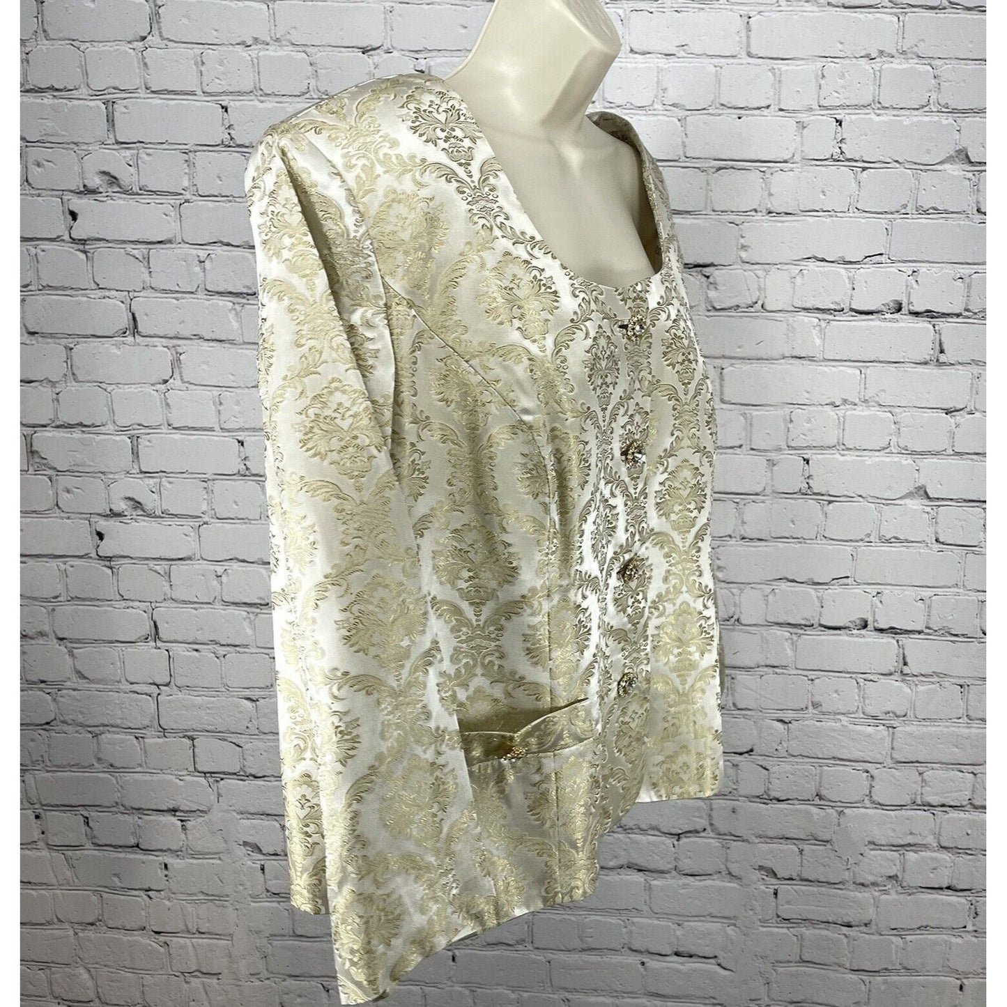 VTG Blacktie Oleg Cassini Ivory Gold Damask Blazer Jacket USA Made Plus Size 20W