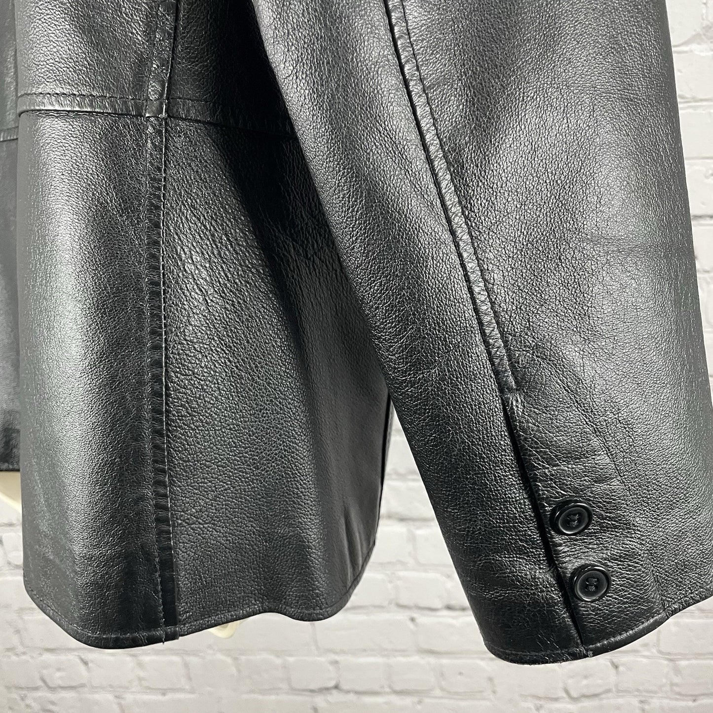 Clio Black Genuine Leather 3 Button Peak Collar Lined Jacket Size Medium M