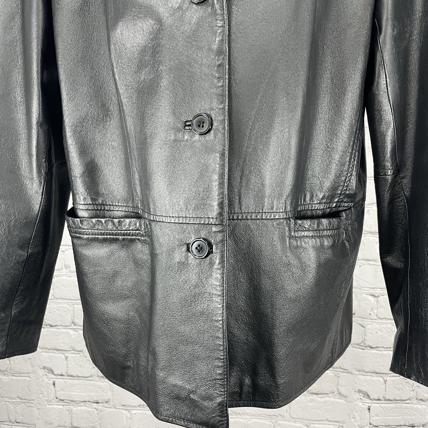 Clio Black Genuine Leather 3 Button Peak Collar Lined Jacket Size Medium M