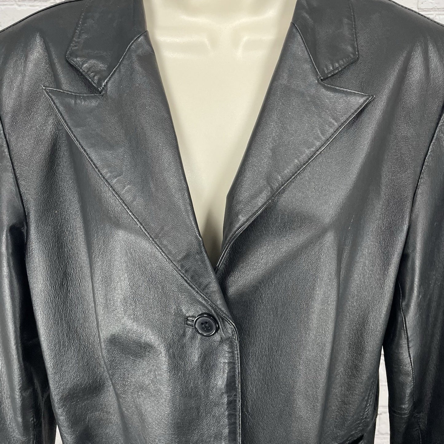 Clio Black Genuine Leather 3 Button Peak Collar Lined Jacket Size Medium M