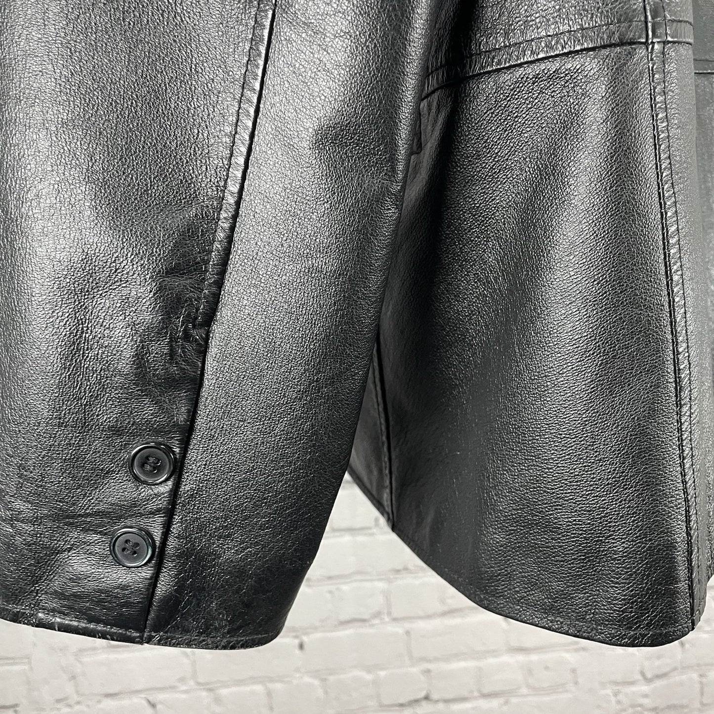 Clio Black Genuine Leather 3 Button Peak Collar Lined Jacket Size Medium M