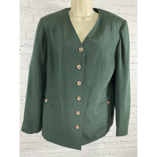 Due Per Due 100% Silk Forest Green Button Up Blazer Jacket Shoulder Pads Size 10