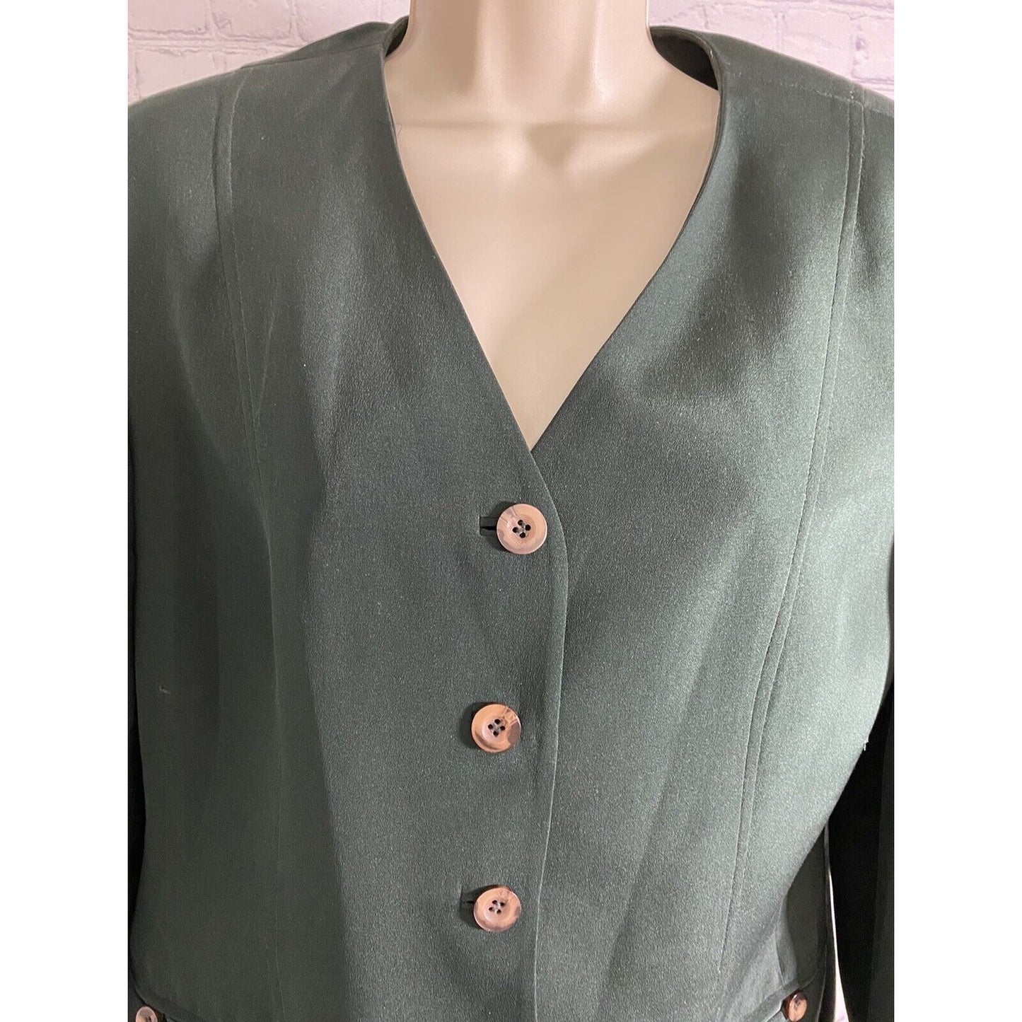 Due Per Due 100% Silk Forest Green Button Up Blazer Jacket Shoulder Pads Size 10