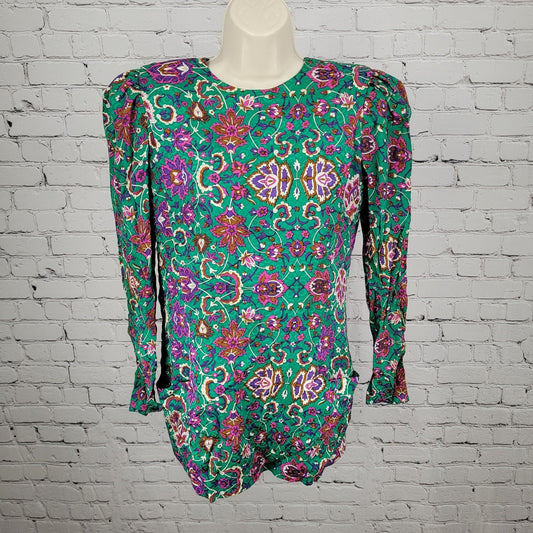 NWT VTG Richard Warren Green 100% Silk Floral Gold Button Long Sleeve Blouse 4