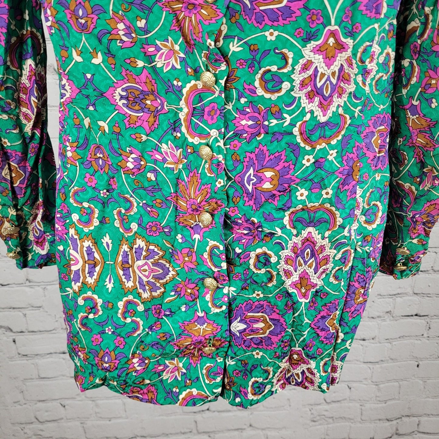 NWT VTG Richard Warren Green 100% Silk Floral Gold Button Long Sleeve Blouse 4