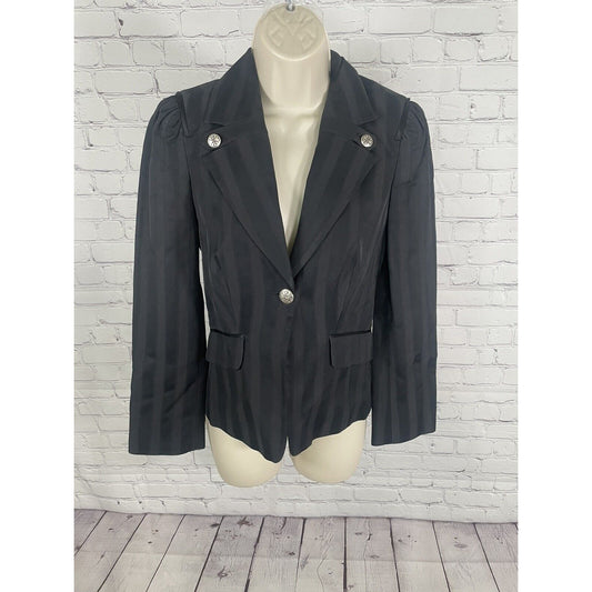Bebe Black Monochrome Striped Fitted Cotton Silk Blend Blazer Buttons USA Size 2