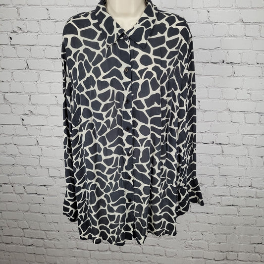 INC Black 100% Silk Animal Print Button Up Long Sleeve Blouse Shirt Size 22W