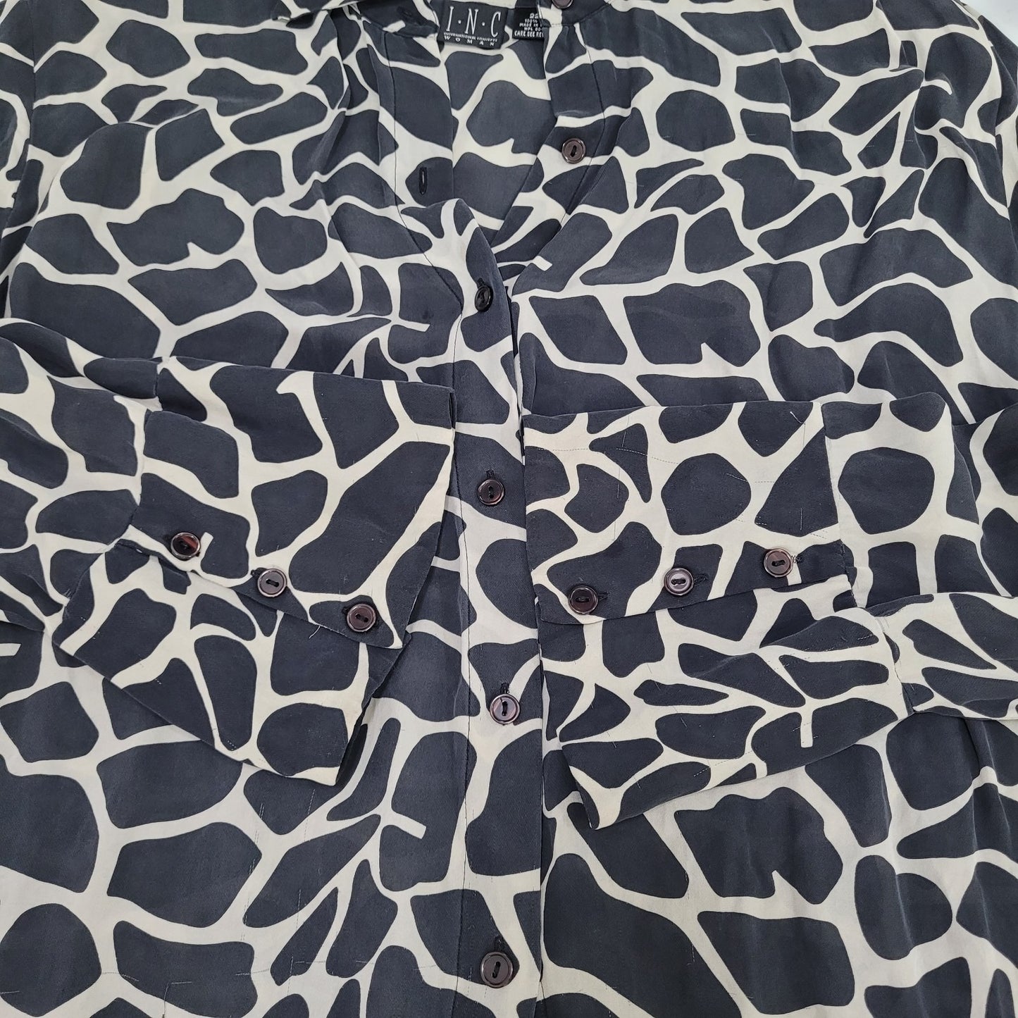 INC Black 100% Silk Animal Print Button Up Long Sleeve Blouse Shirt Size 22W