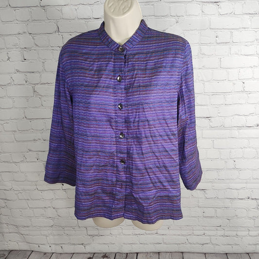 Coldwater Creek 100% Silk Colorful Stripes Long Sleeve Button Up Size Medium