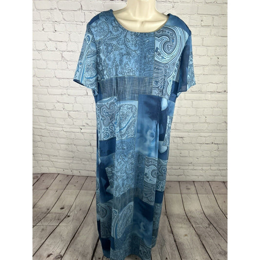 Leslie Fay Blue Floral Paisley Back Zip Short Sleeve Pleated Sides Maxi Dress 18