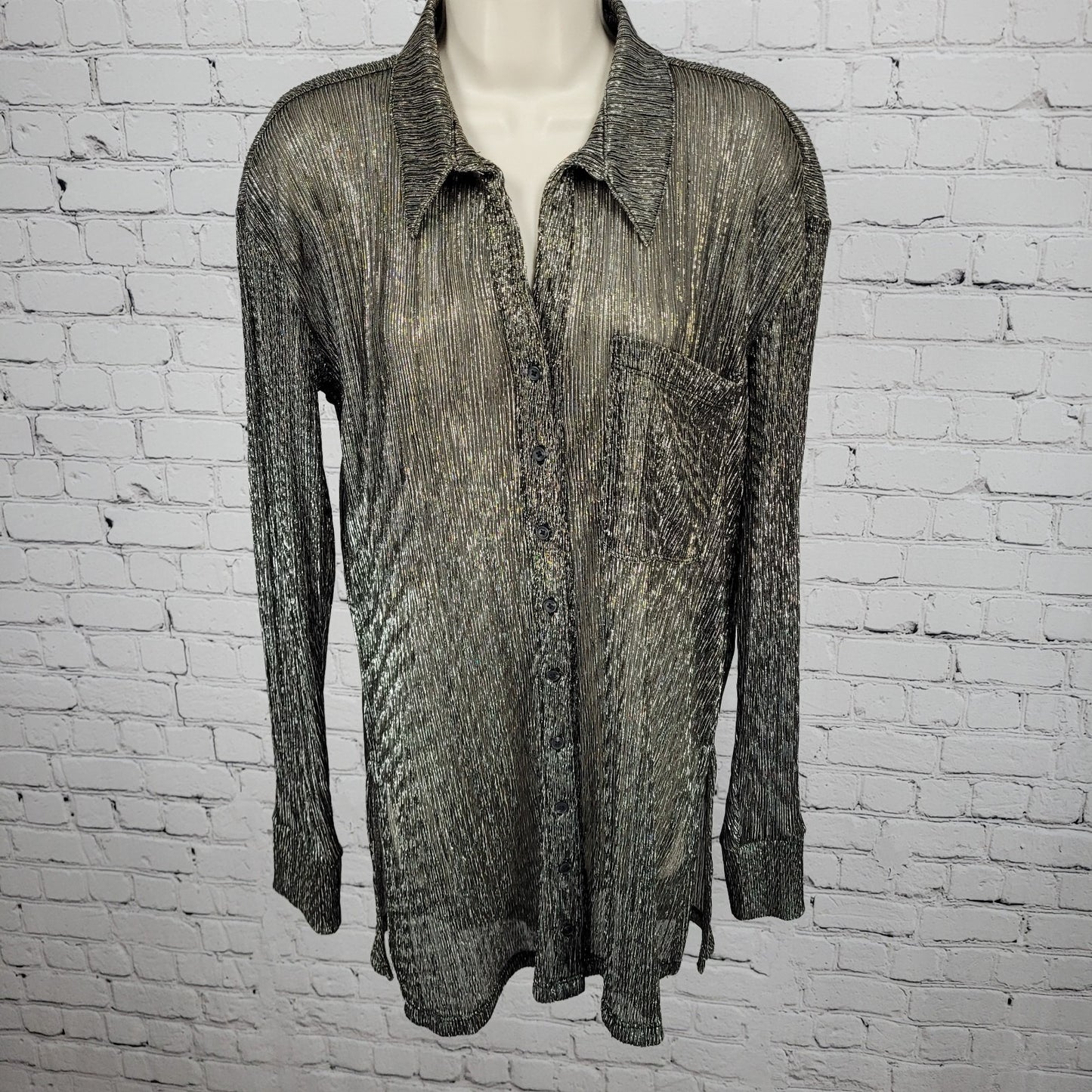 Pilcro Anthropologie Black Silver Metallic Sheer Long Sleeve Top Size Small S