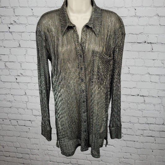 Pilcro Anthropologie Black Silver Metallic Sheer Long Sleeve Top Size Small S