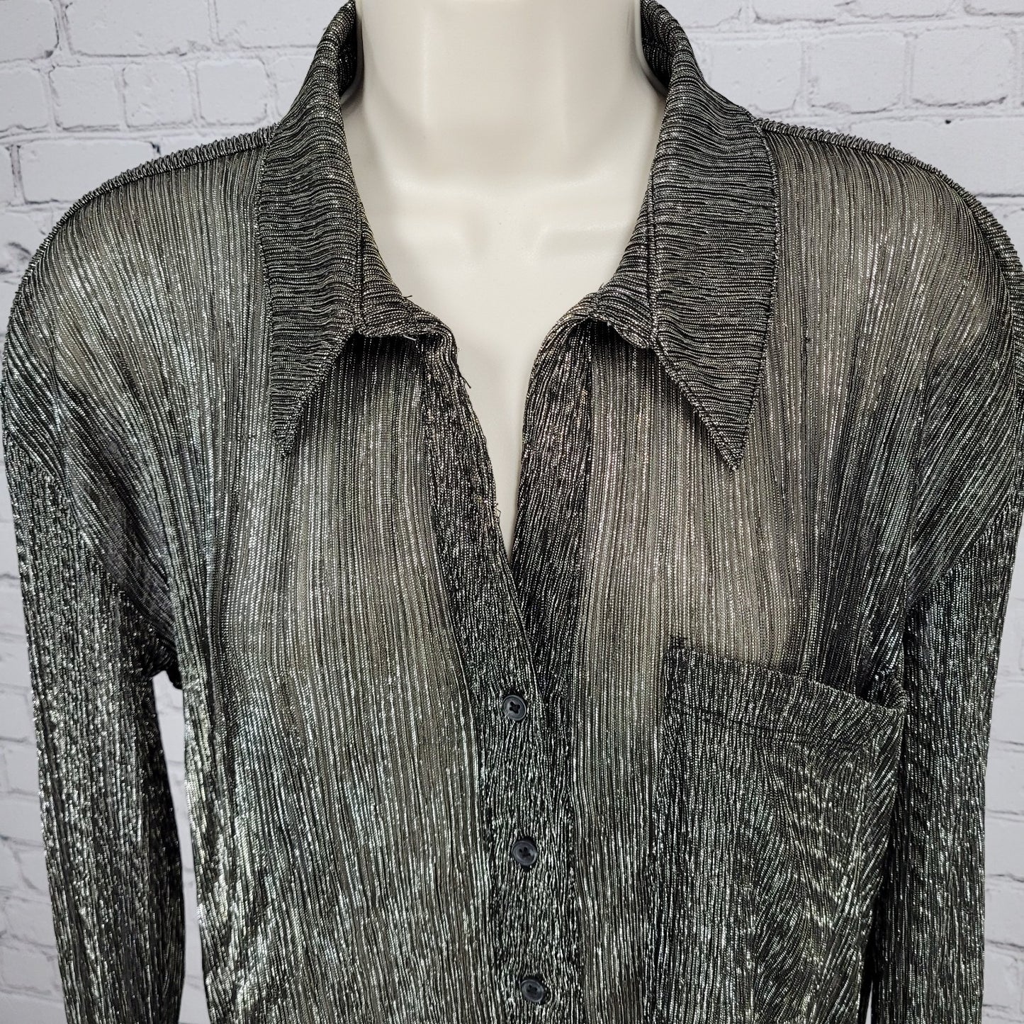 Pilcro Anthropologie Black Silver Metallic Sheer Long Sleeve Top Size Small S
