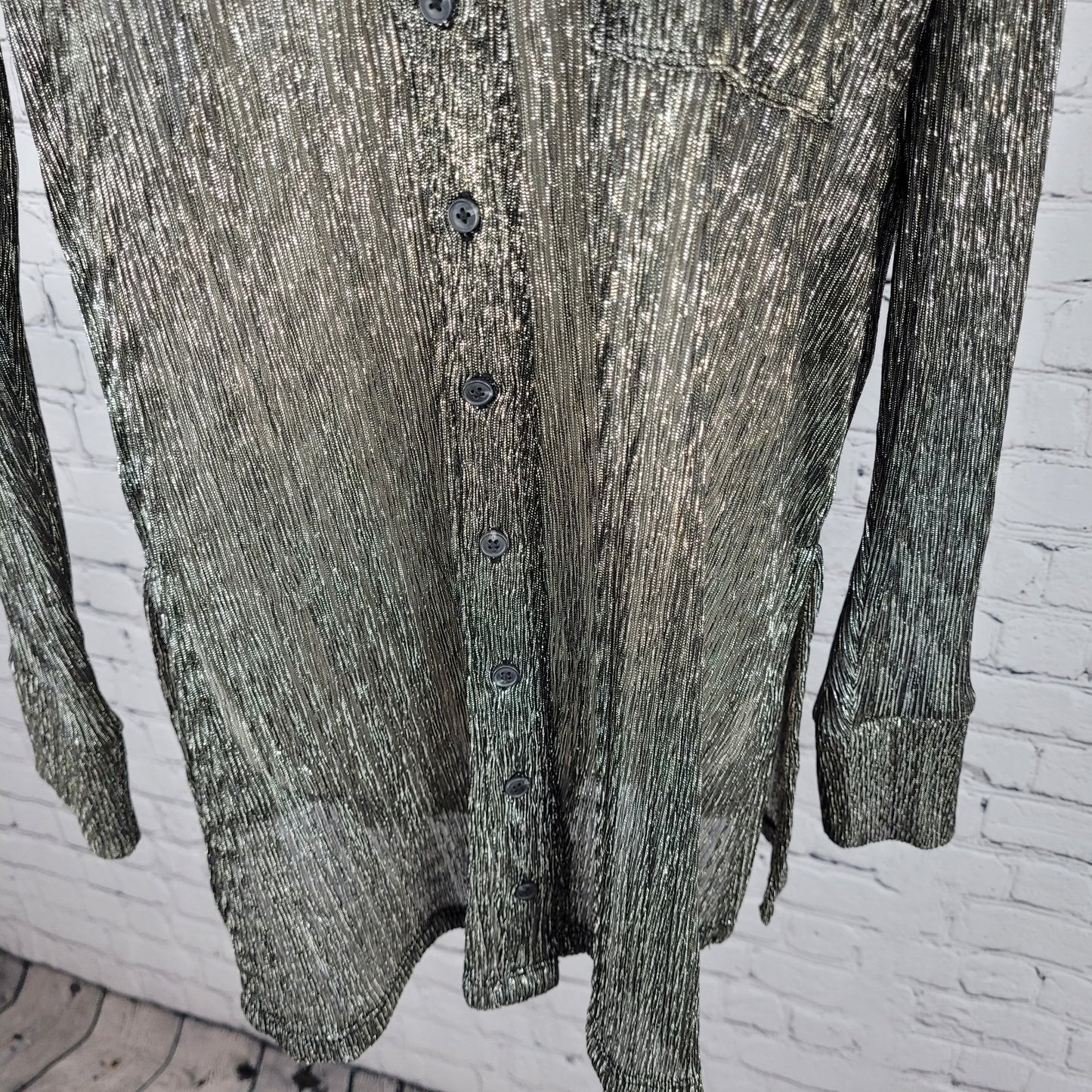 Pilcro Anthropologie Black Silver Metallic Sheer Long Sleeve Top Size Small S