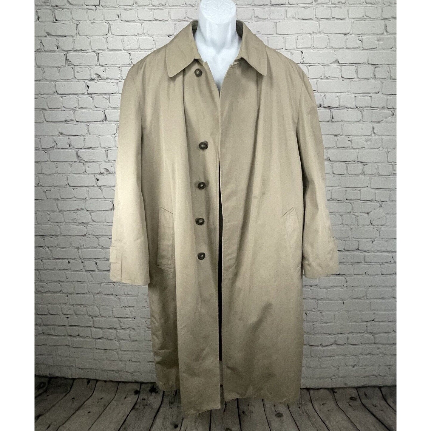 London Fog Tan Trench Long Coat Button Collar Removable Insulated Liner Size 44L