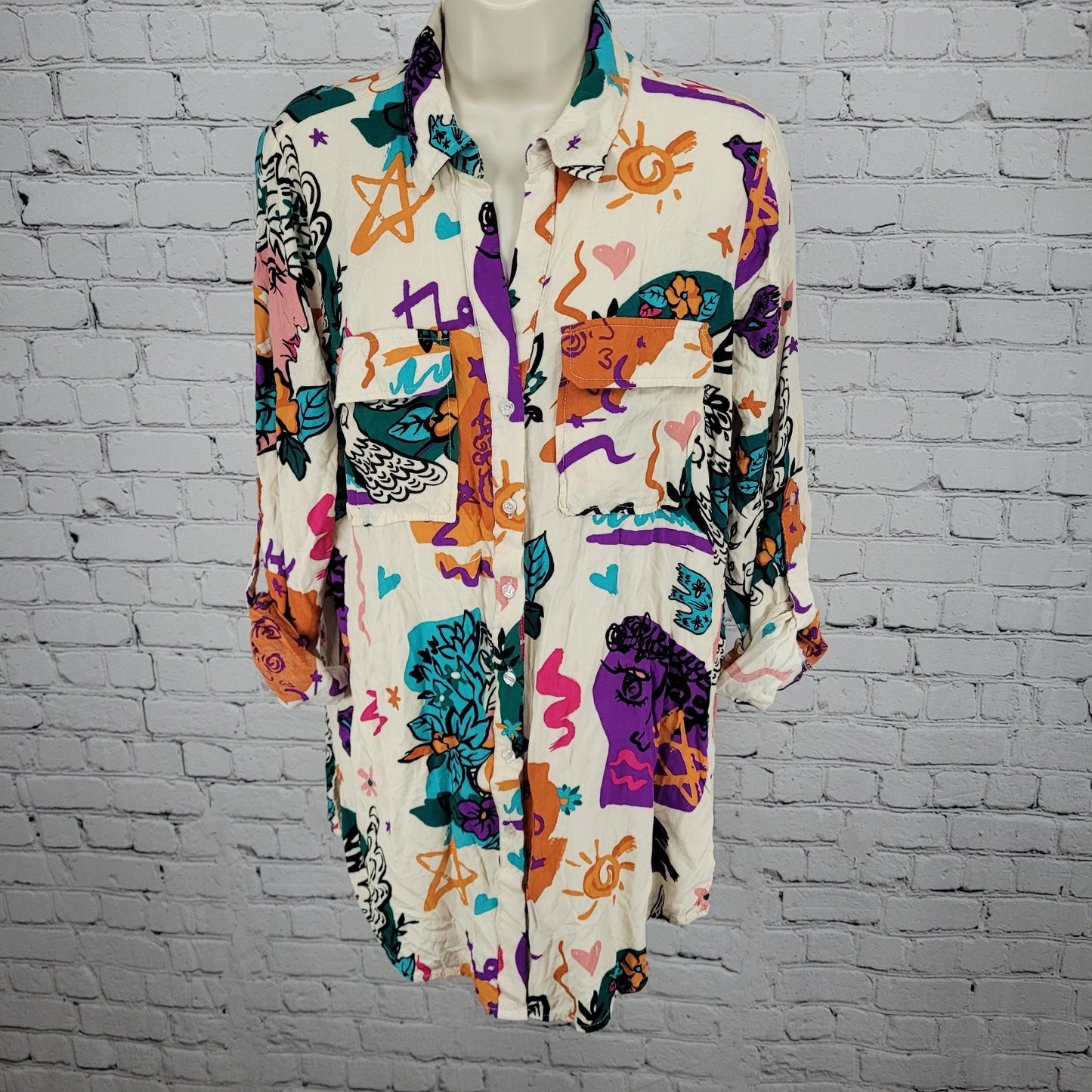 Milk & Honey Beige Multicolor Abstract Button Up Roll Tab Sleeve Shirt Medium M