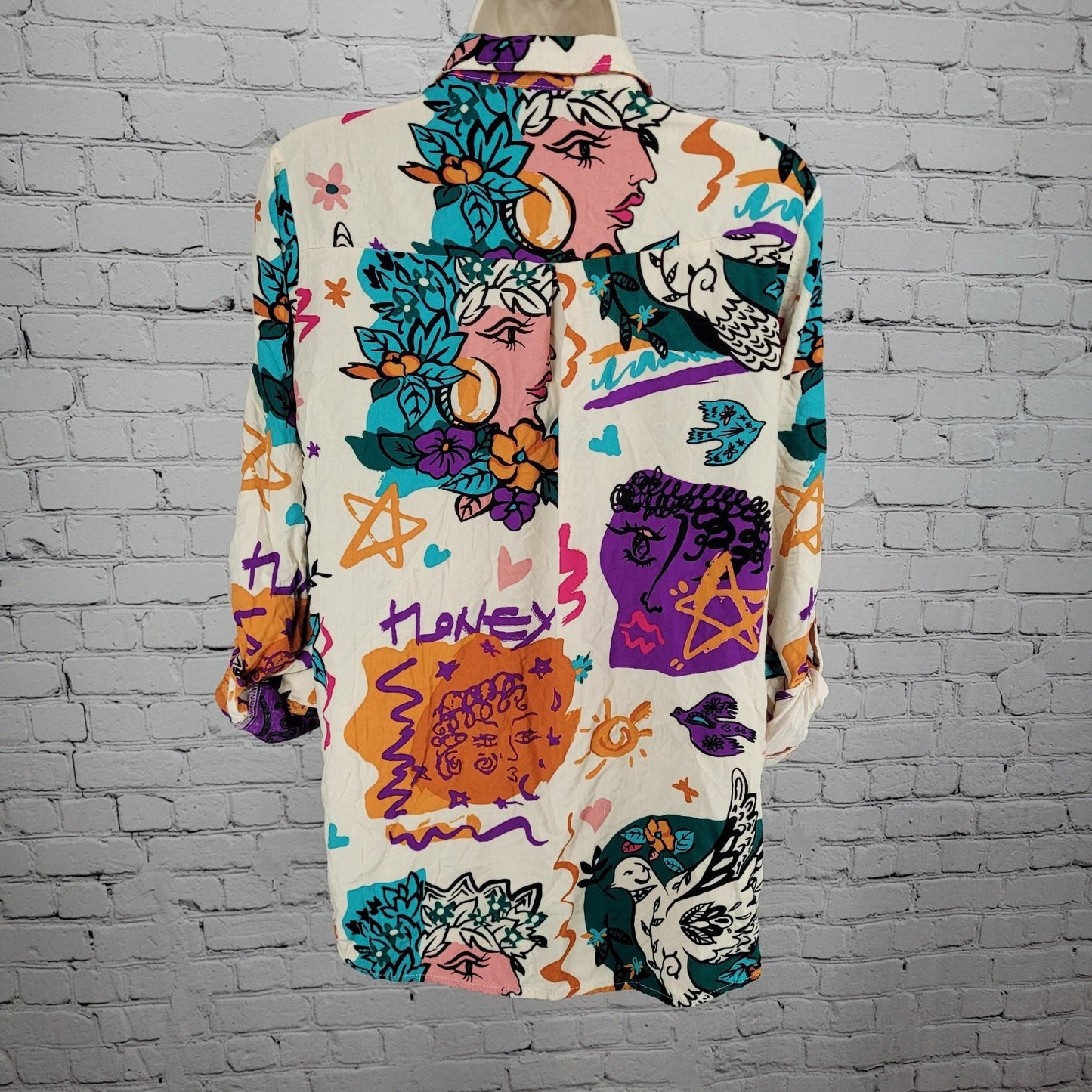 Milk & Honey Beige Multicolor Abstract Button Up Roll Tab Sleeve Shirt Medium M