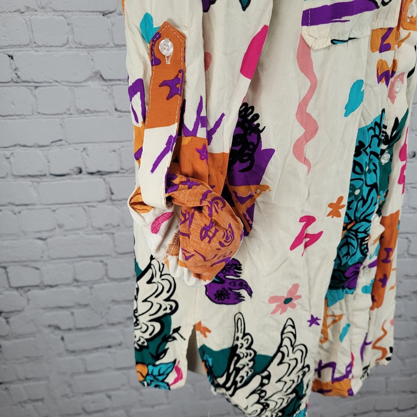 Milk & Honey Beige Multicolor Abstract Button Up Roll Tab Sleeve Shirt Medium M