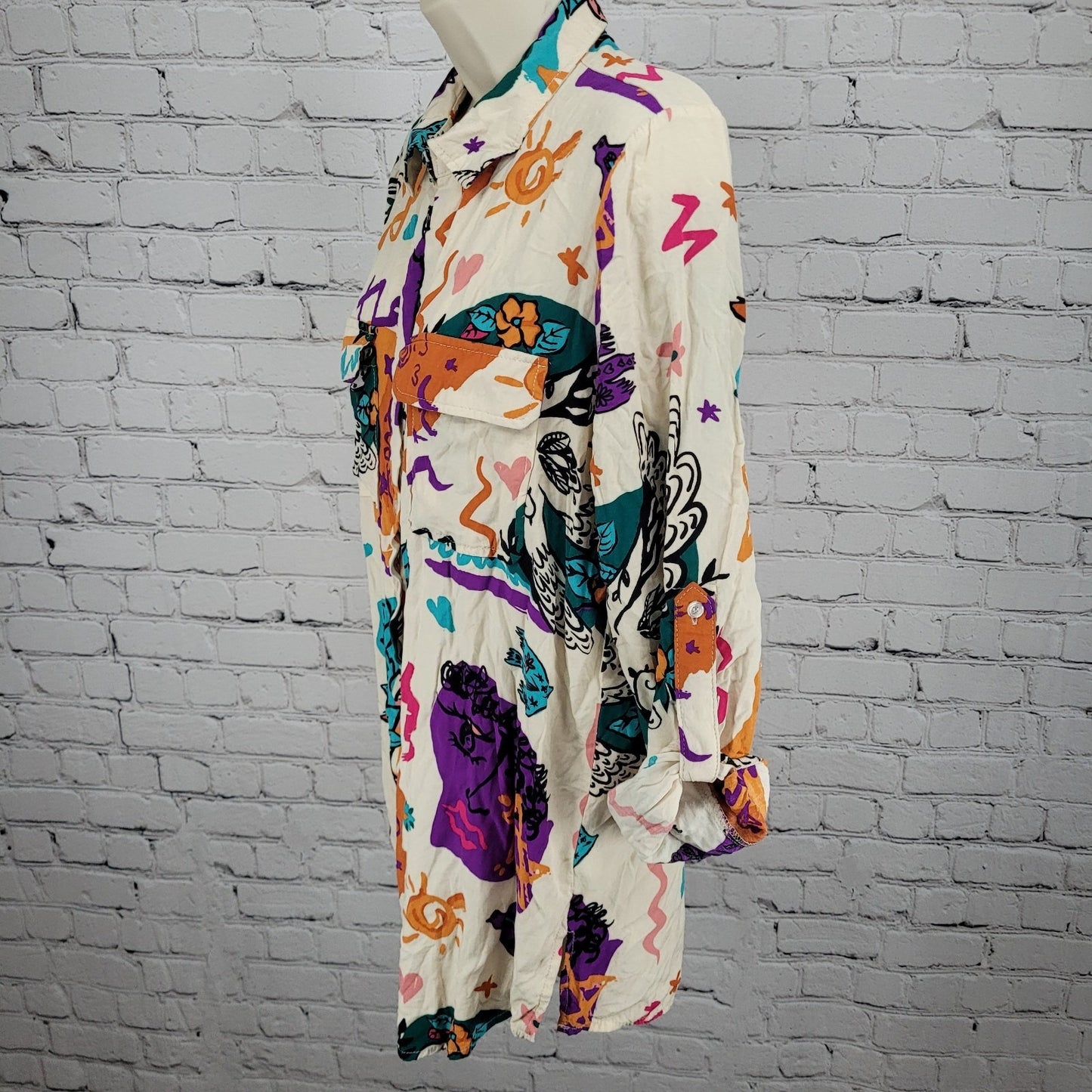 Milk & Honey Beige Multicolor Abstract Button Up Roll Tab Sleeve Shirt Medium M