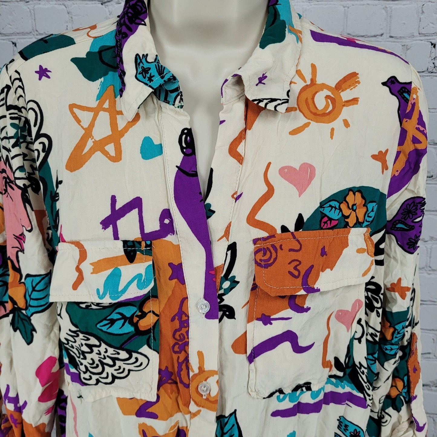 Milk & Honey Beige Multicolor Abstract Button Up Roll Tab Sleeve Shirt Medium M