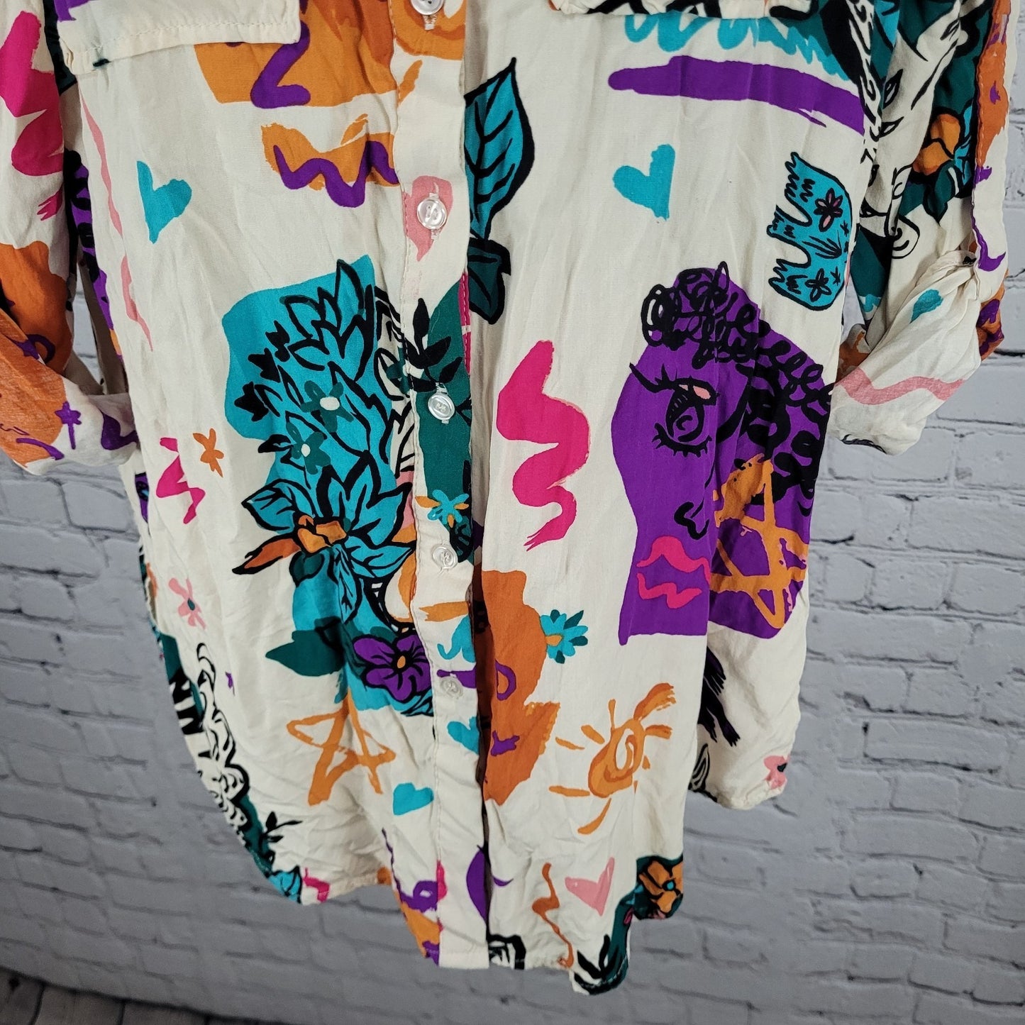 Milk & Honey Beige Multicolor Abstract Button Up Roll Tab Sleeve Shirt Medium M