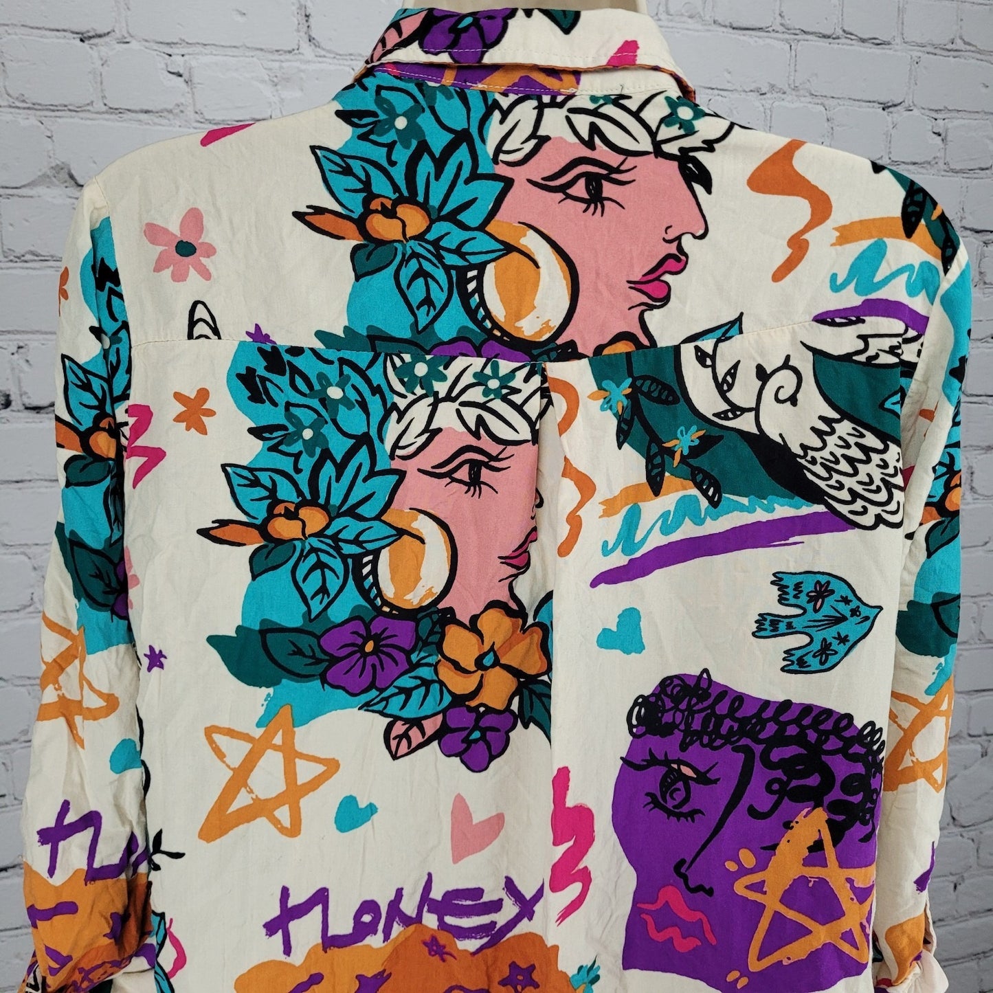 Milk & Honey Beige Multicolor Abstract Button Up Roll Tab Sleeve Shirt Medium M