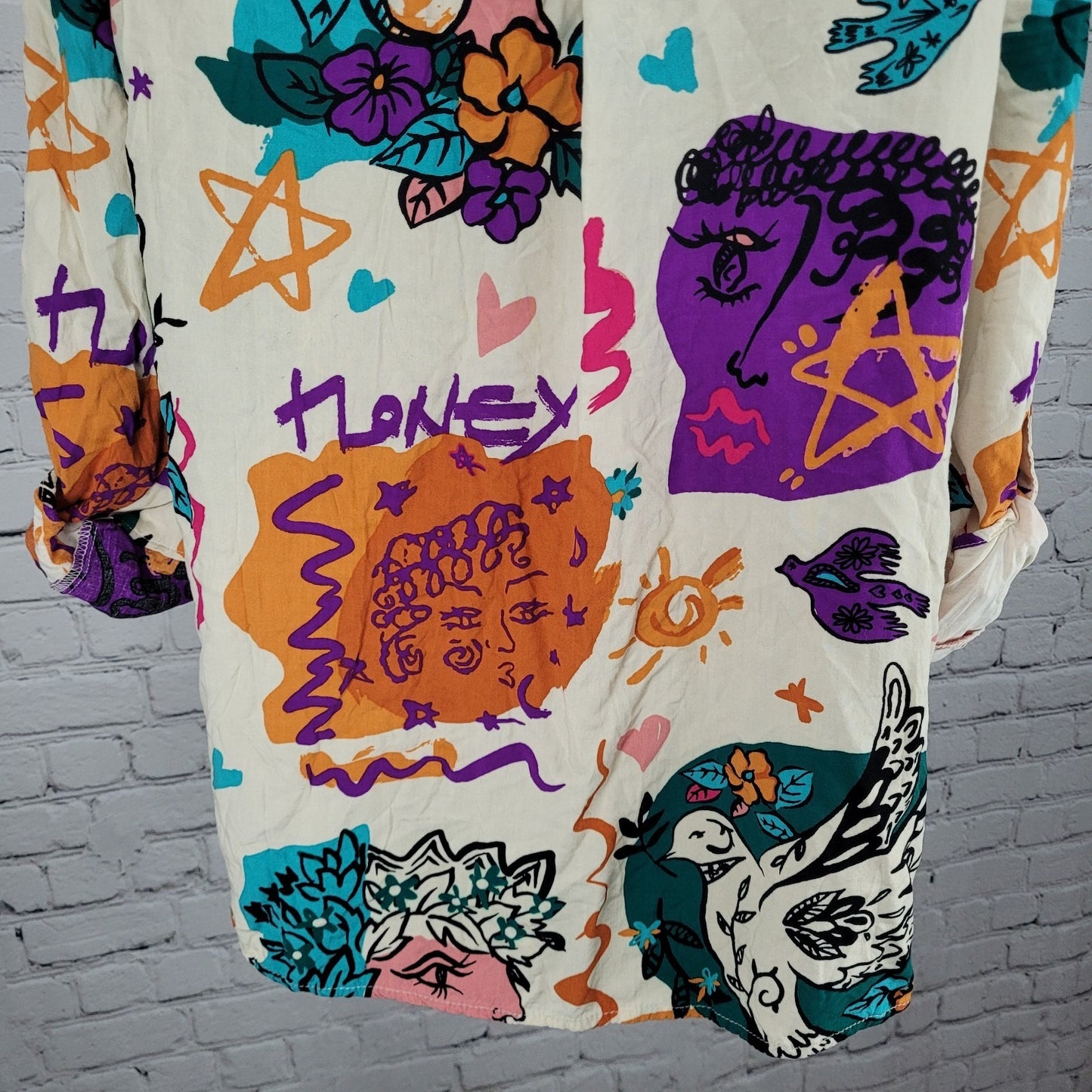 Milk & Honey Beige Multicolor Abstract Button Up Roll Tab Sleeve Shirt Medium M