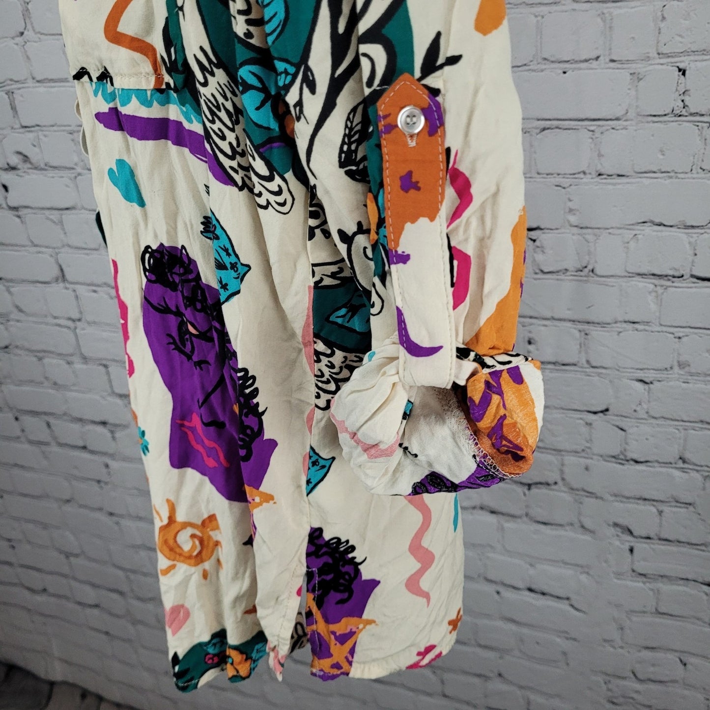 Milk & Honey Beige Multicolor Abstract Button Up Roll Tab Sleeve Shirt Medium M
