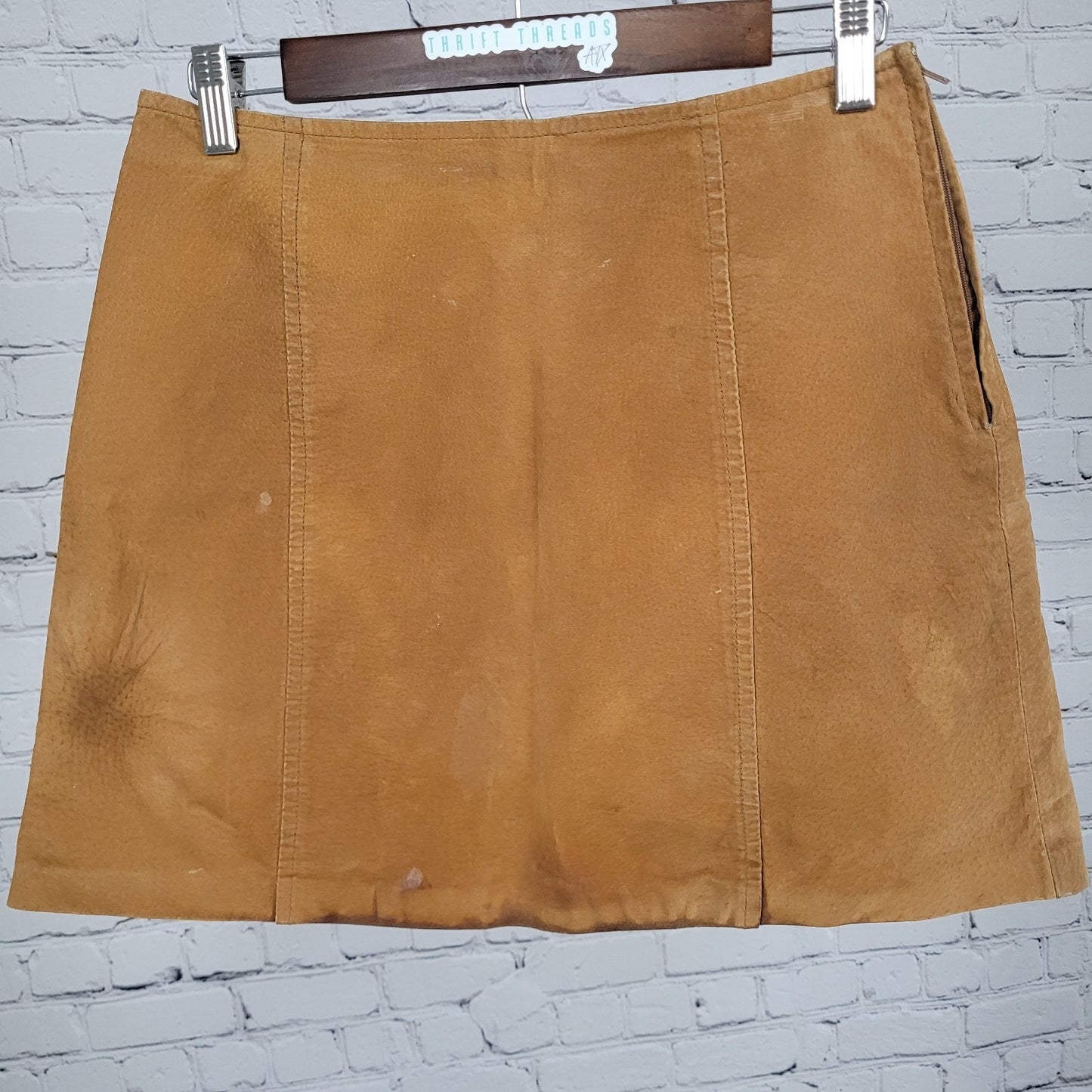 Kathy Ireland Tan Brown Genuine Suede Leather Lined Side Zip Mini Skirt Size 8