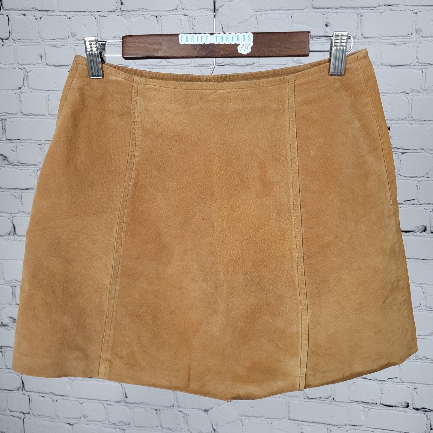 Kathy Ireland Tan Brown Genuine Suede Leather Lined Side Zip Mini Skirt Size 8