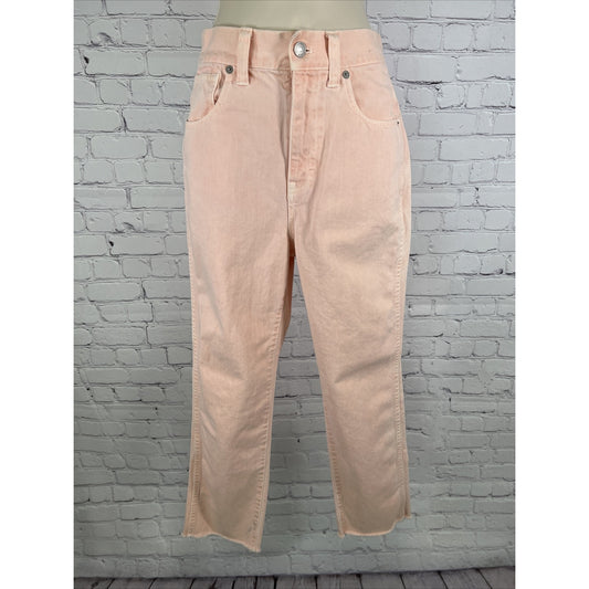 MADEWELL Tapered Denim Jeans Raw Edge Ankle Cuff Pink Size 26 High Rise *stained