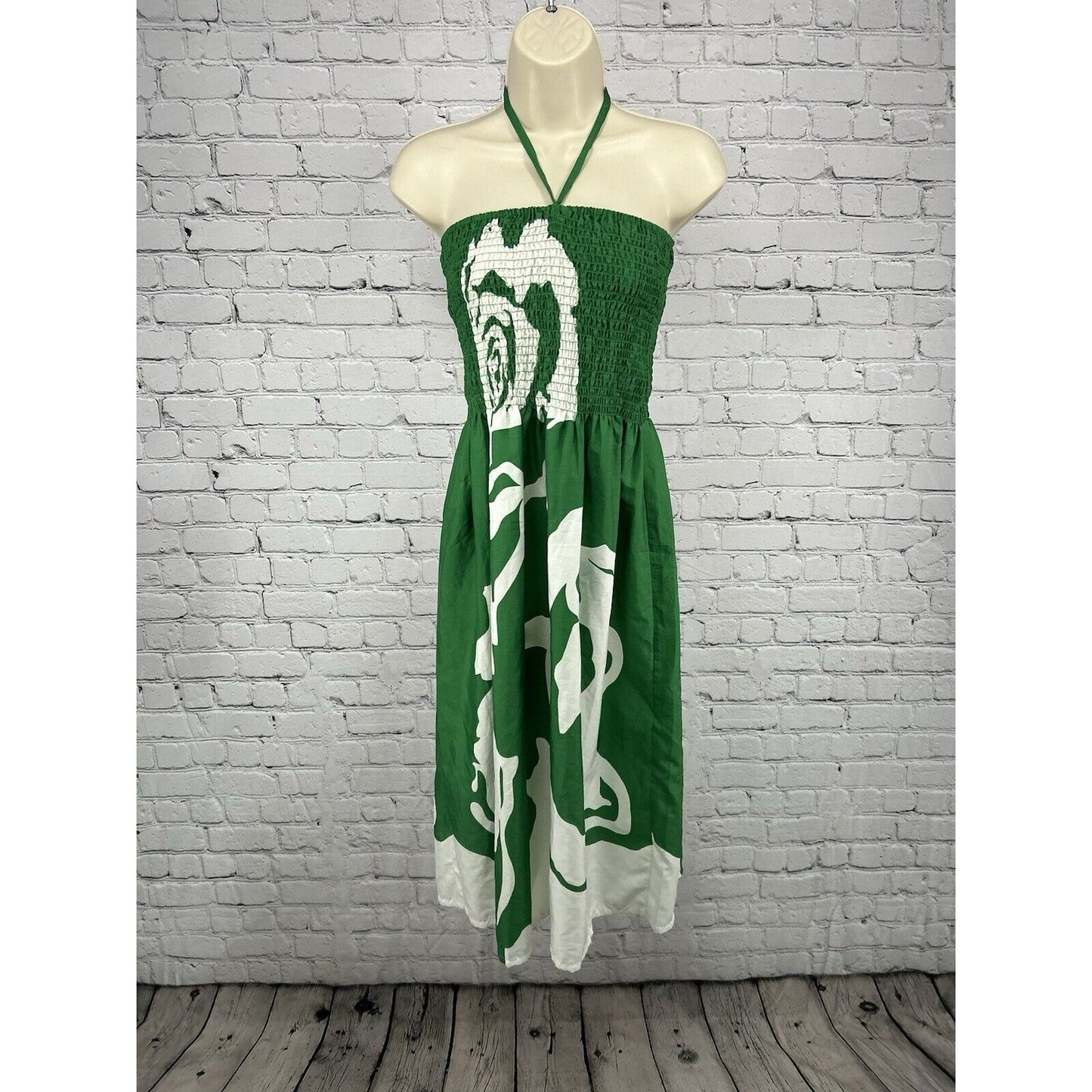 NWD Gypsie Blu Green White Shirred Halter Strapless Midi Tube Top Dress M