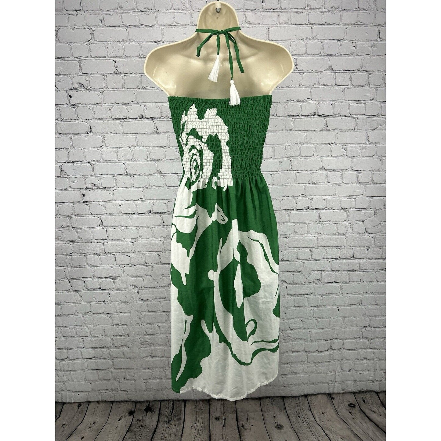 NWD Gypsie Blu Green White Shirred Halter Strapless Midi Tube Top Dress M