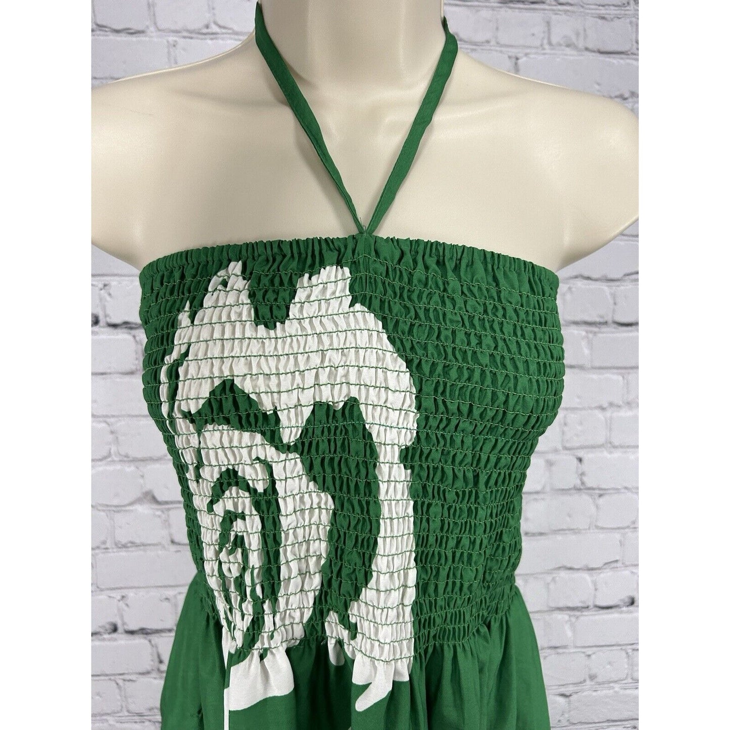 NWD Gypsie Blu Green White Shirred Halter Strapless Midi Tube Top Dress M