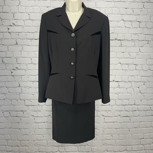 Tahari Black Skirt Suit Set Single Breasted 4 Button Velvet Accent Size 10