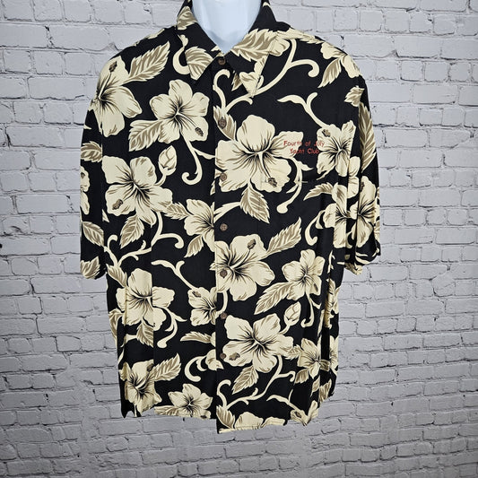 Reyn Spooner Black Tan Spun Rayon July 4 Yaht Club Hawaiian Floral Shirt USA XL