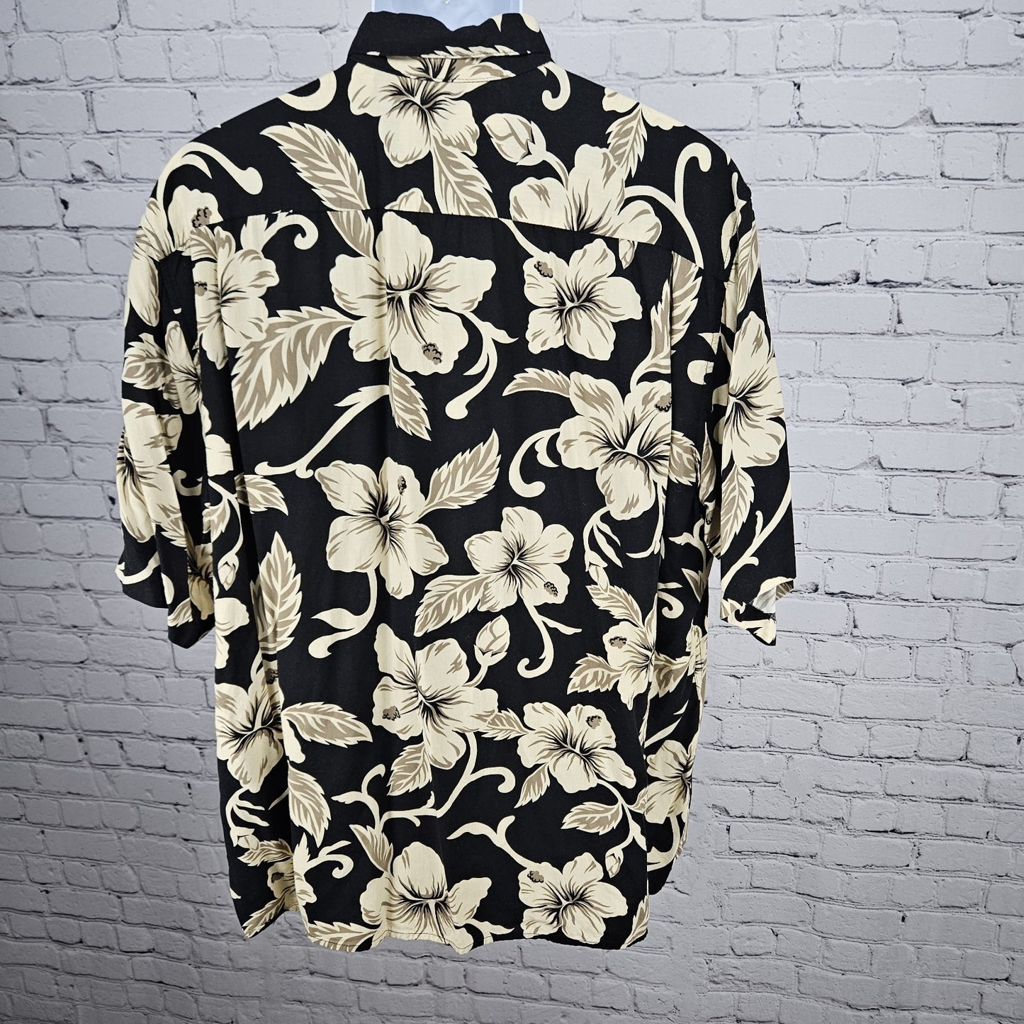 Reyn Spooner Black Tan Spun Rayon July 4 Yaht Club Hawaiian Floral Shirt USA XL