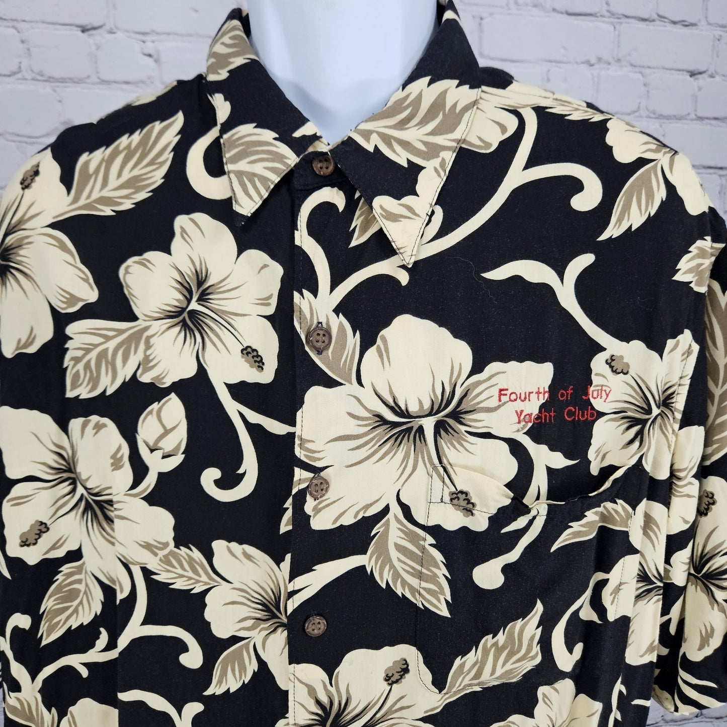 Reyn Spooner Black Tan Spun Rayon July 4 Yaht Club Hawaiian Floral Shirt USA XL