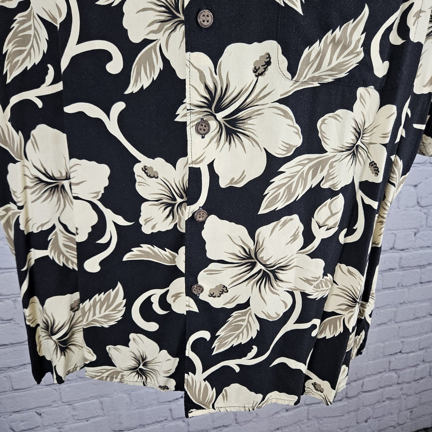 Reyn Spooner Black Tan Spun Rayon July 4 Yaht Club Hawaiian Floral Shirt USA XL