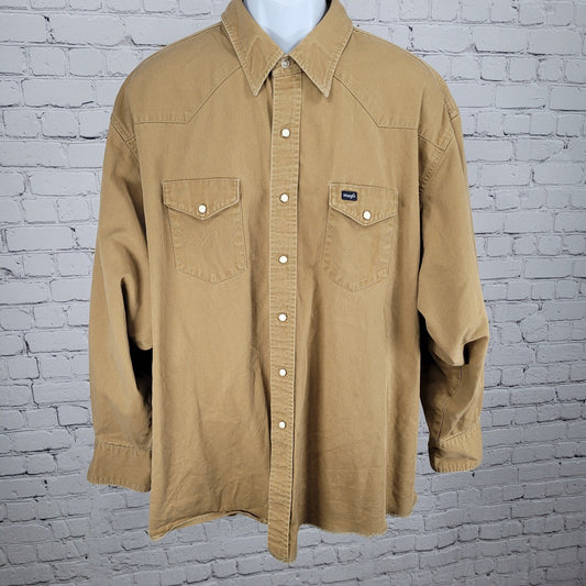 VTG Wrangler Tan Western X-Long Tail Pearl Snap Long Sleeve Shirt Big Size 20-36