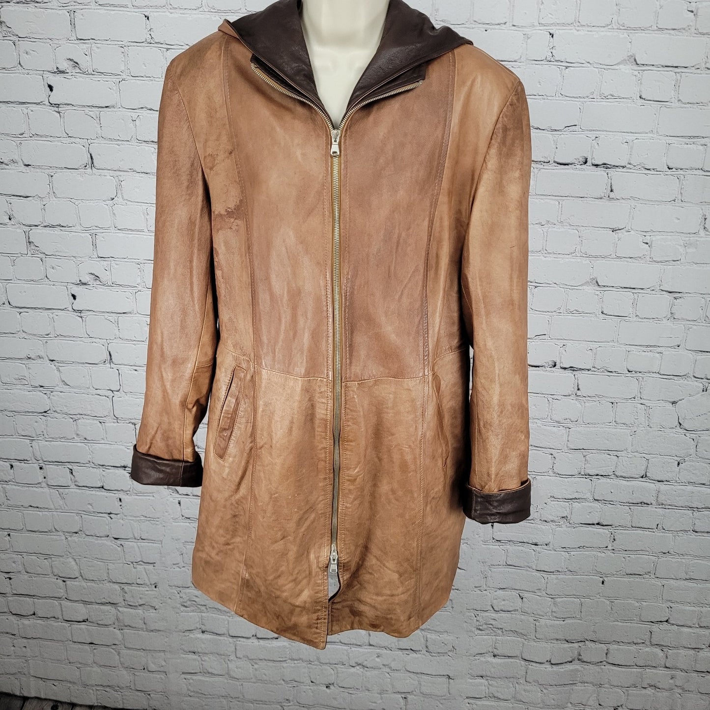 Vera Pelle Brown Soft Leather Removable Hood Zip Jacket Italy Made Size 52