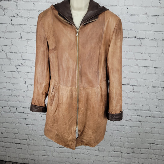 Vera Pelle Brown Soft Leather Removable Hood Zip Jacket Italy Made Size 52