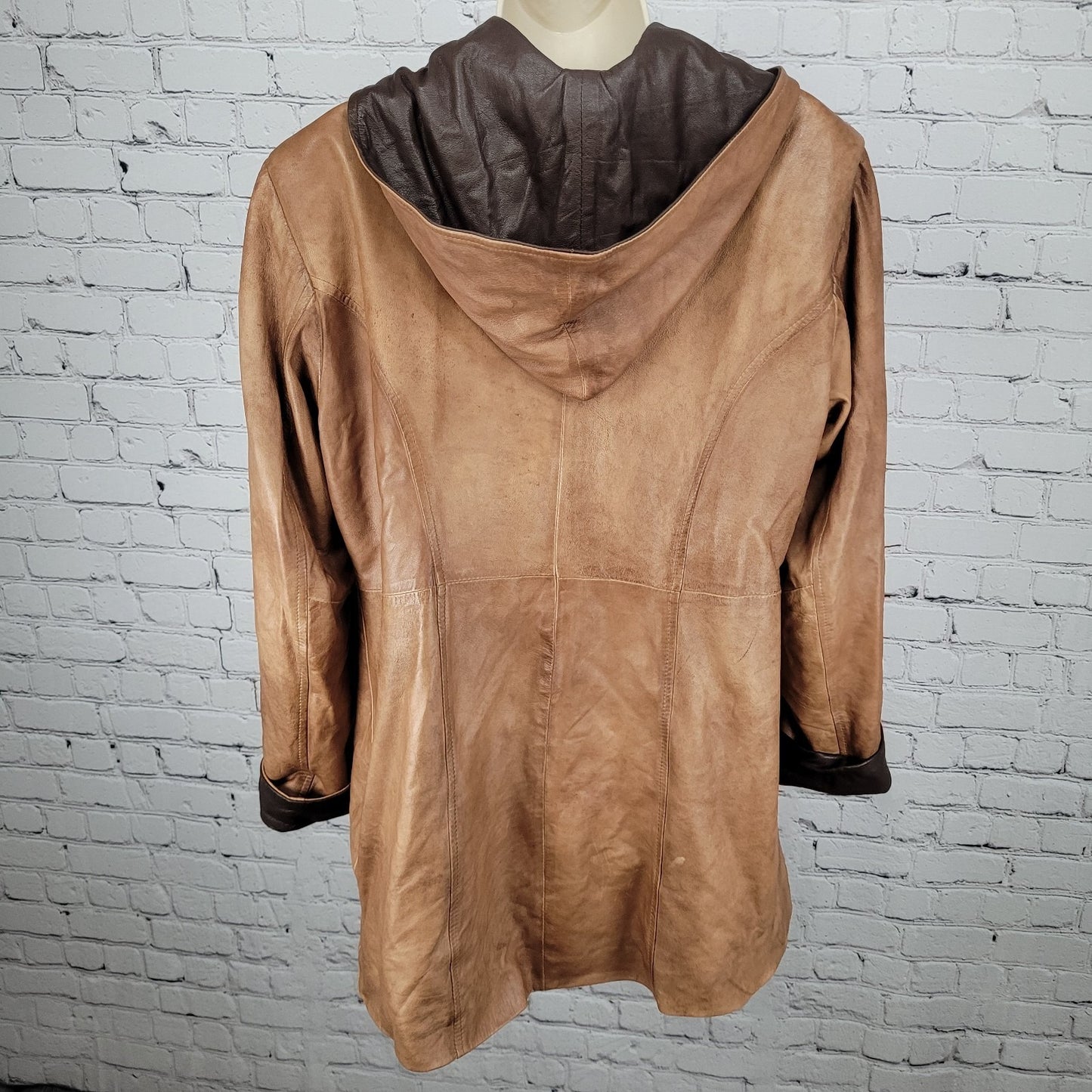 Vera Pelle Brown Soft Leather Removable Hood Zip Jacket Italy Made Size 52