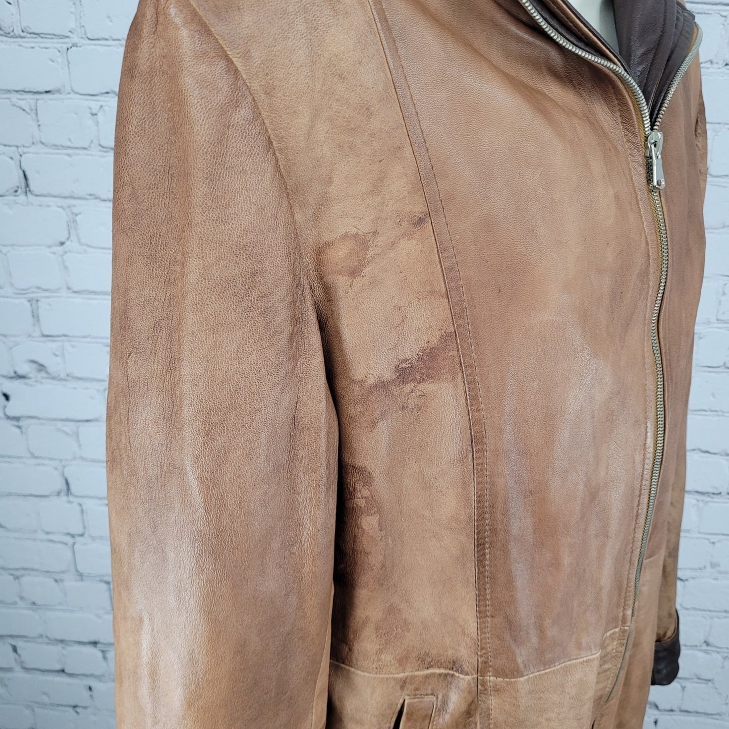 Vera Pelle Brown Soft Leather Removable Hood Zip Jacket Italy Made Size 52