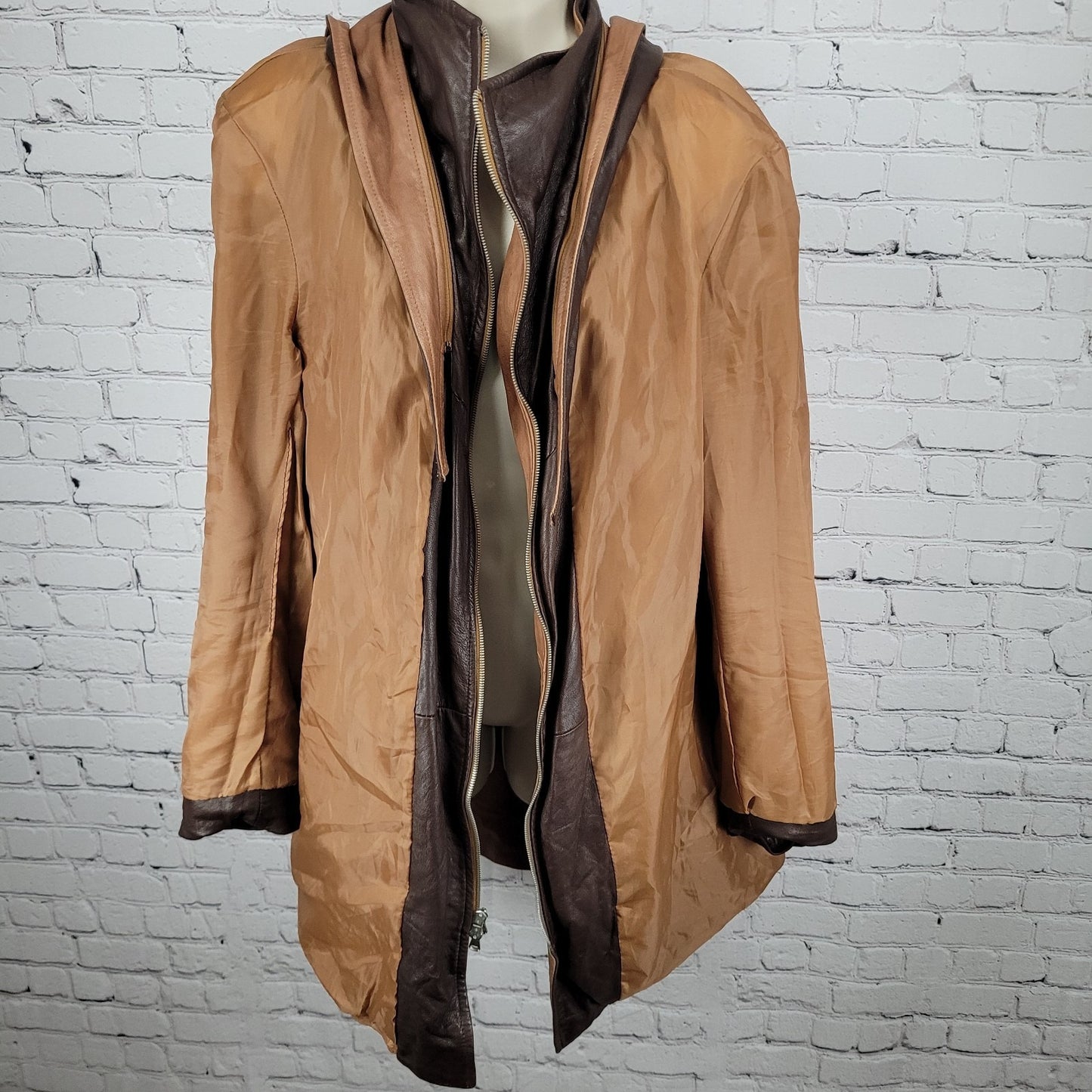 Vera Pelle Brown Soft Leather Removable Hood Zip Jacket Italy Made Size 52