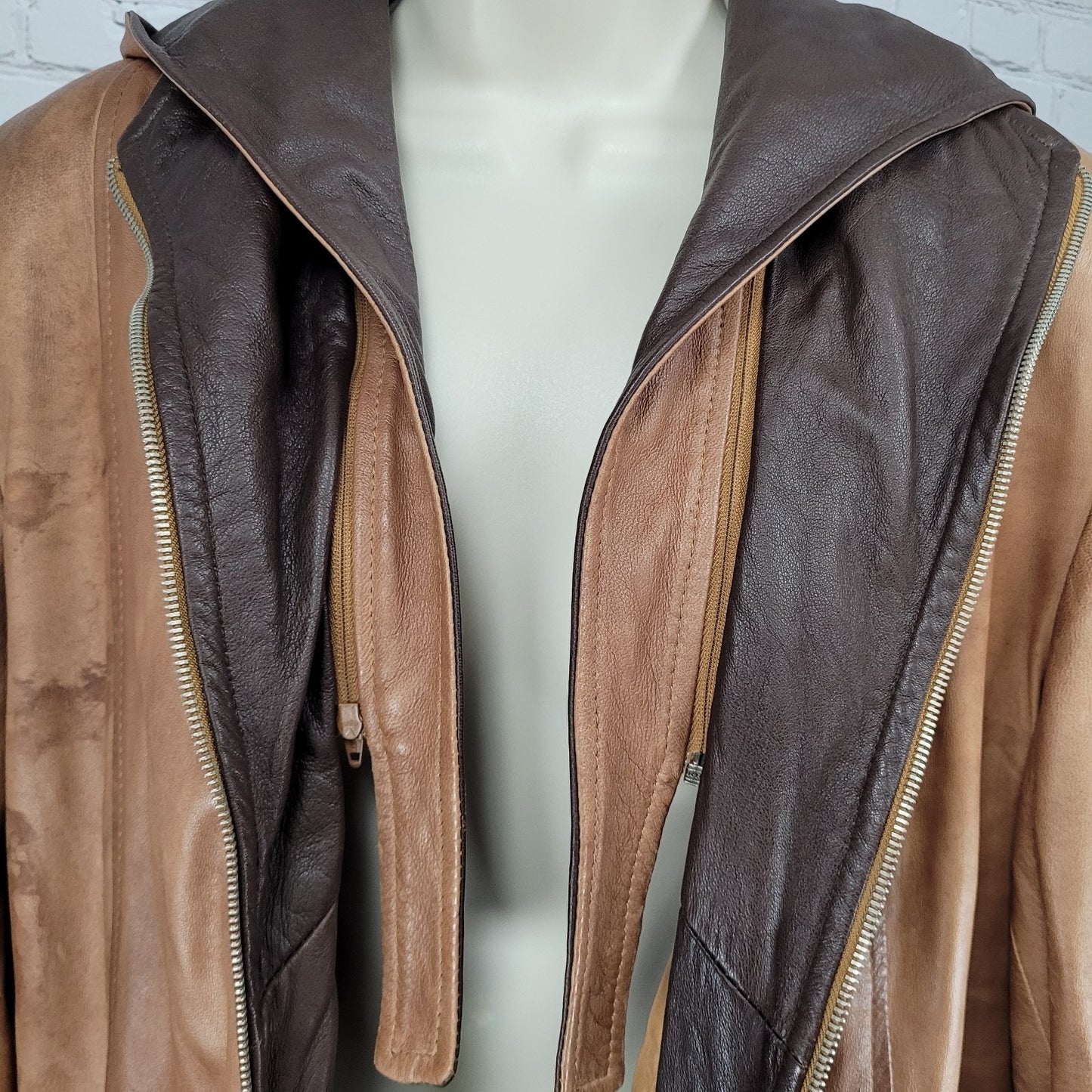 Vera Pelle Brown Soft Leather Removable Hood Zip Jacket Italy Made Size 52