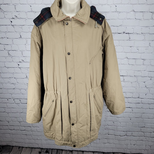 London Fog Towne Tan Removable Hood Plaid Lined Full Zip Coat Size Large L
